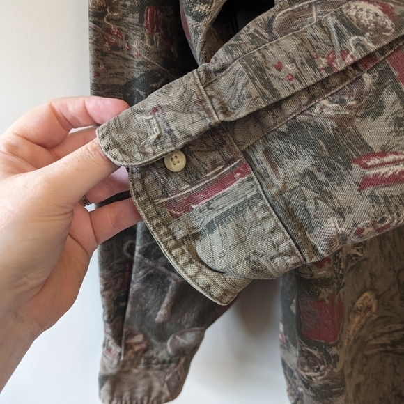 Vintage Eddie Bauer Canvas Hunter Western Pioneer Print Button Down Shirt - Picture 8 of 14